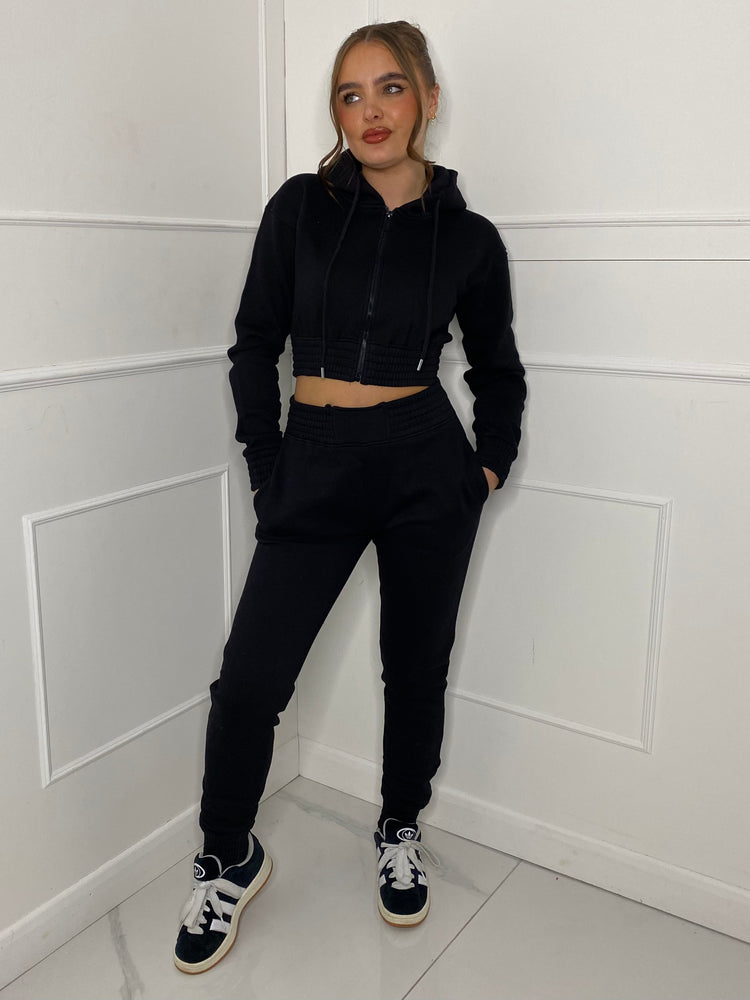 Cropped Hoodie Jogger Tracksuit - Black