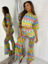 Mesh Cropped T-Shirt and Flares Co-Ord - Multi Zigzag