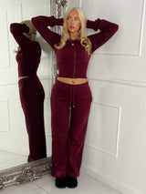Cinch Waist Cropped Zip Up Tracksuit - Wine