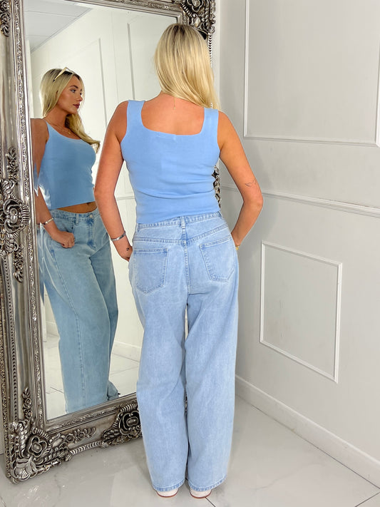 Square Neck Strap Detail Vest top - Baby Blue