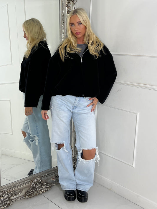 Collared Oversized Bomber Jacket - Black