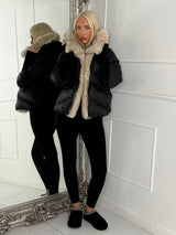 Hooded Puffer Coat With Faux Fur Trim - Black/Apricot Fur
