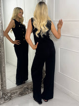 Knitted Gold Detail Pocket Front Waistcoat & Wide Leg Pants Co-ord - Black