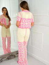 Patterned Crochet Skirt & Flared Pants Co ord - Beige / Pink