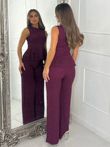 Lurex Knit High Neck Ruffle Top & Flares Co-Ord - Wine