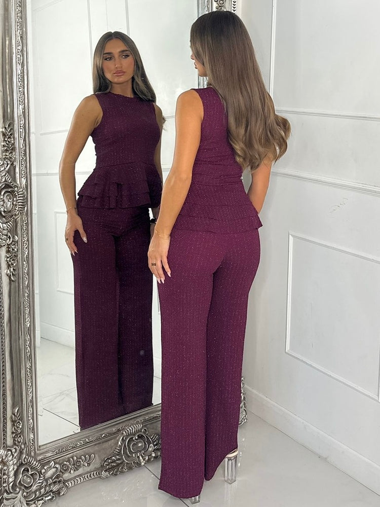 Lurex Knit High Neck Ruffle Top & Flares Co-Ord - Wine