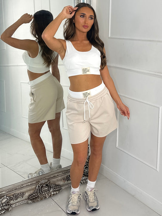 Patch Detail Ribbed Vest Top & Baggy Band Shorts - Beige