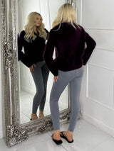 Zip Up Detail 
Long Sleeve Cropped Knitted Ribbed Jumper-Wine