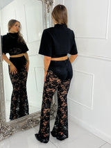 Padded Shoulder Cropped Tee With Lace Bra Underlayer & Lace Knicker Shorts Underlayer Flares Co-Ord - Black