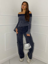 Thick Knit Fold Over Asymmetric Top - Grey