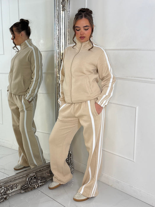 Side Stripe Collared Zip Up Jacket & Joggers Tracksuit - Beige