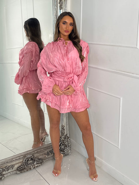 Pleated Belt Detail Chiffon Shirt Dress - Pink