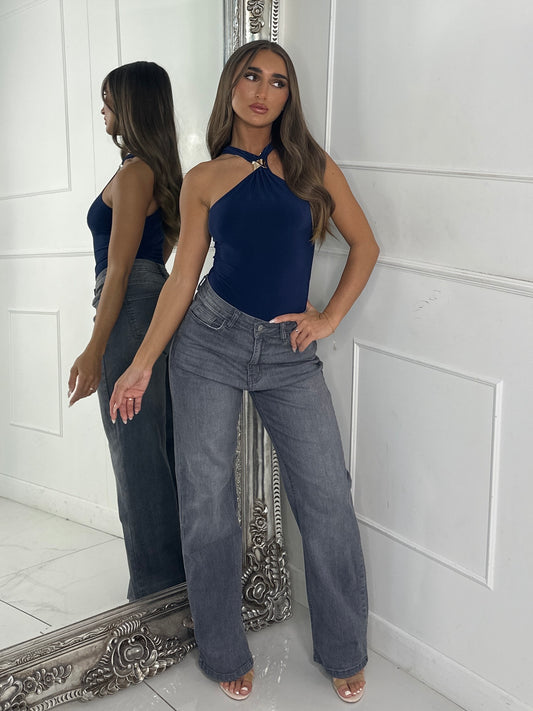 Gold Buckle Cut Out Slinky Bodysuit - Navy