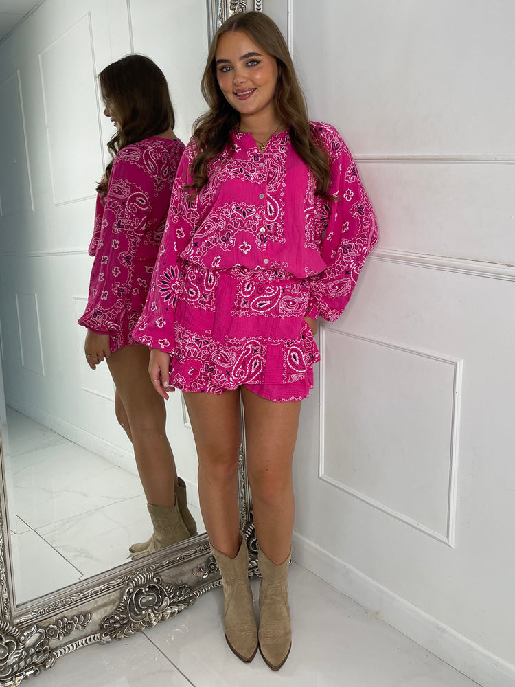 Long Sleeve Paisley Print Shirt & Shorts Set - Hot Pink