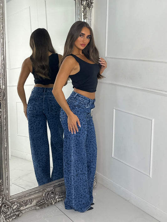 Leopard Diamante Detail Wide Leg Super Stretch Jeans - Denim Blue