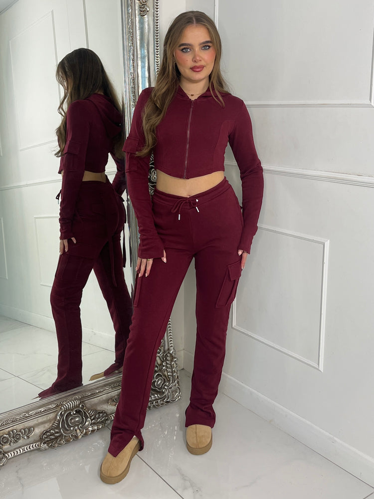 Corset detail hooded top & Ruche Back pocket Joggers Set - Wine