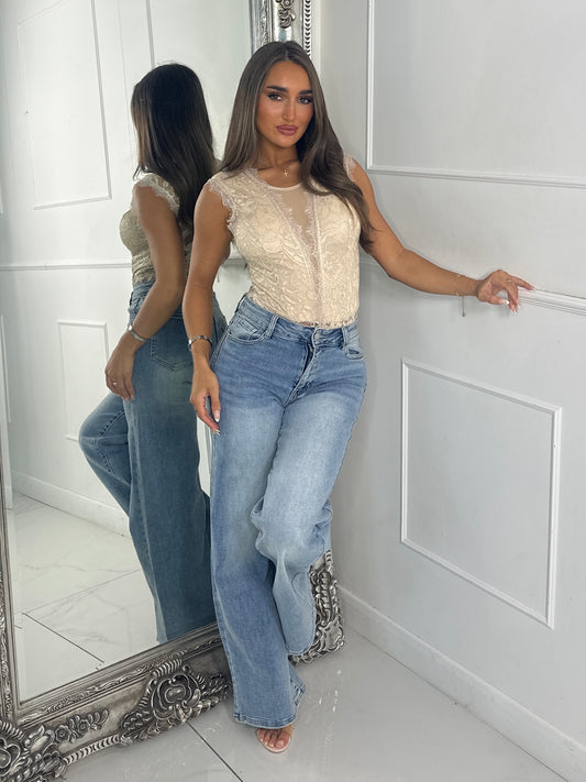 Sleeveless Mesh V Lace Bodysuit - Beige