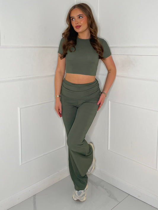 Ribbed Crop Top & Fold Over Flares Loungesuit - Khaki Green
