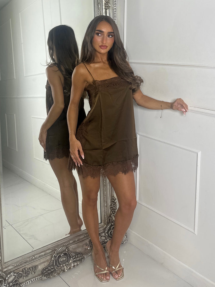 Satin Lace Trim Vest Dress-Brown