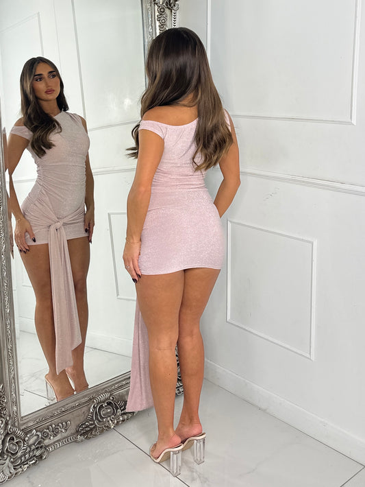 Off Shoulder Ruched Side Tie Drape Glitter Dress - Baby Pink