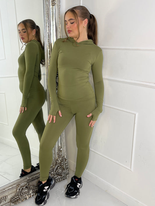 Long Sleeve Second Skin Hooded Top and Leggings Co-Ord - Khaki