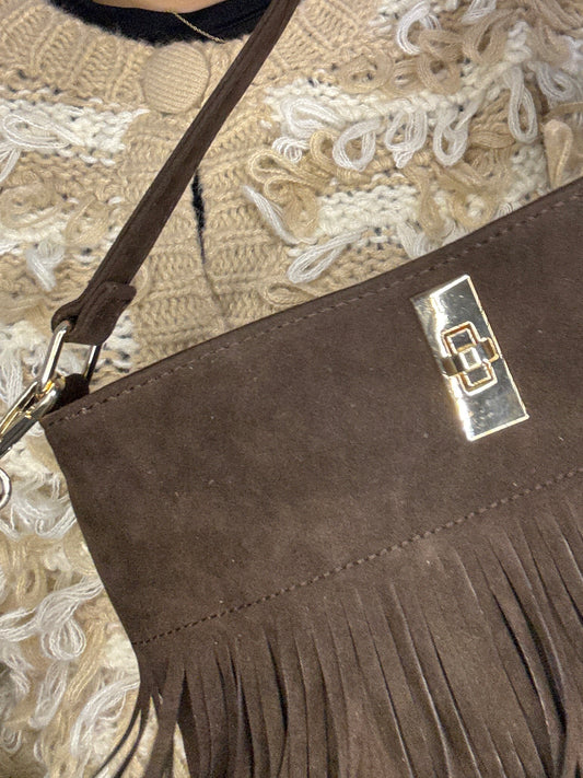 Small Suede Full Tassel Gold Lock Detail Shoulder Bag - Brown
