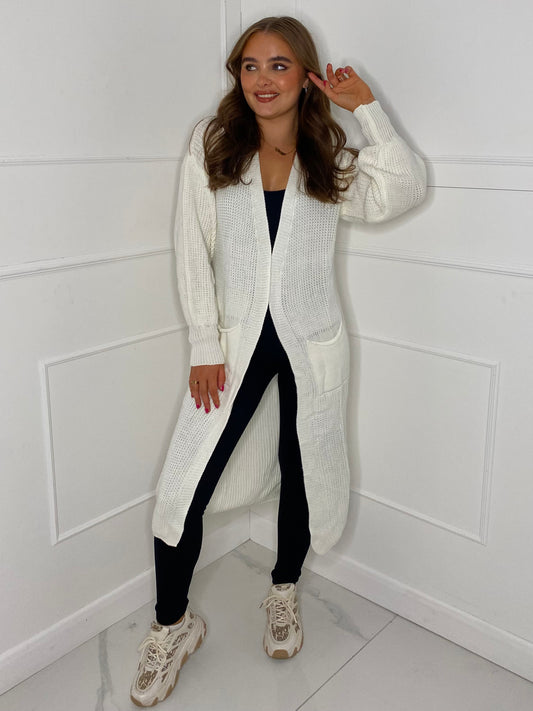 Balloon Sleeve Long Knitted Cardigan - White