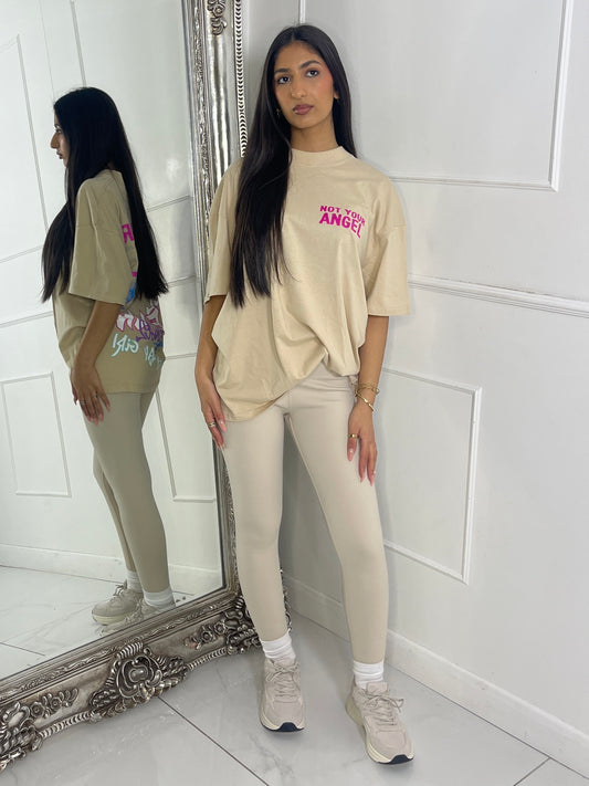 Ribbed Collar Oversized T-Shirt - Beige Not Your Angel Print