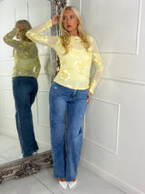 3D Flower Textured Mesh Long Sleeve Top - Yellow