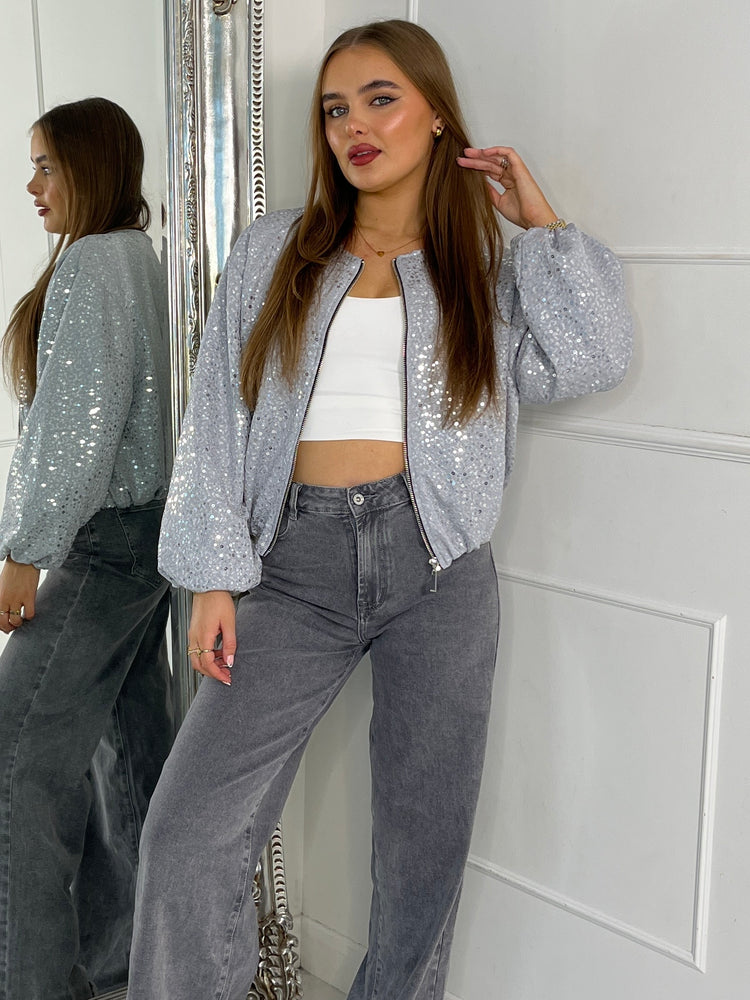 Sequin Detail Puff Sleeve Bomber Jacket - Grey