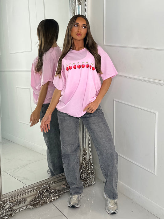 8 Cherries Print Tee - Baby Pink