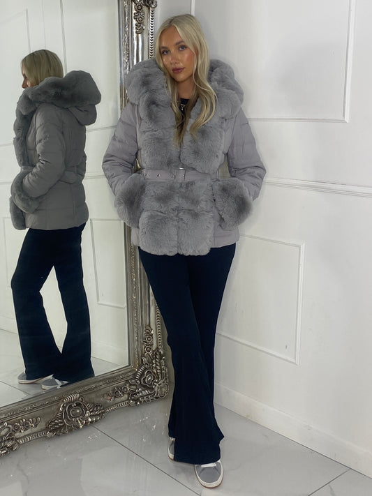 Padded Faux Fur Contrast Belted Jacket - Grey