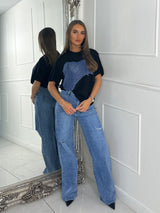 Blue Denim Print Oversized T-shirt - Black