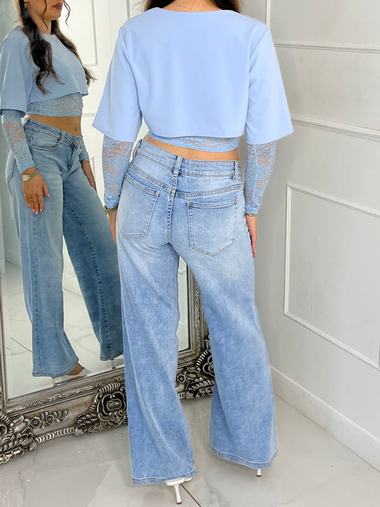 Round Neck Cropped Tee With Lace Bra Underlayer & Lace Sleeves - Baby Blue
