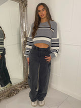 Striped Cropped Knitted Jumper -  Grey