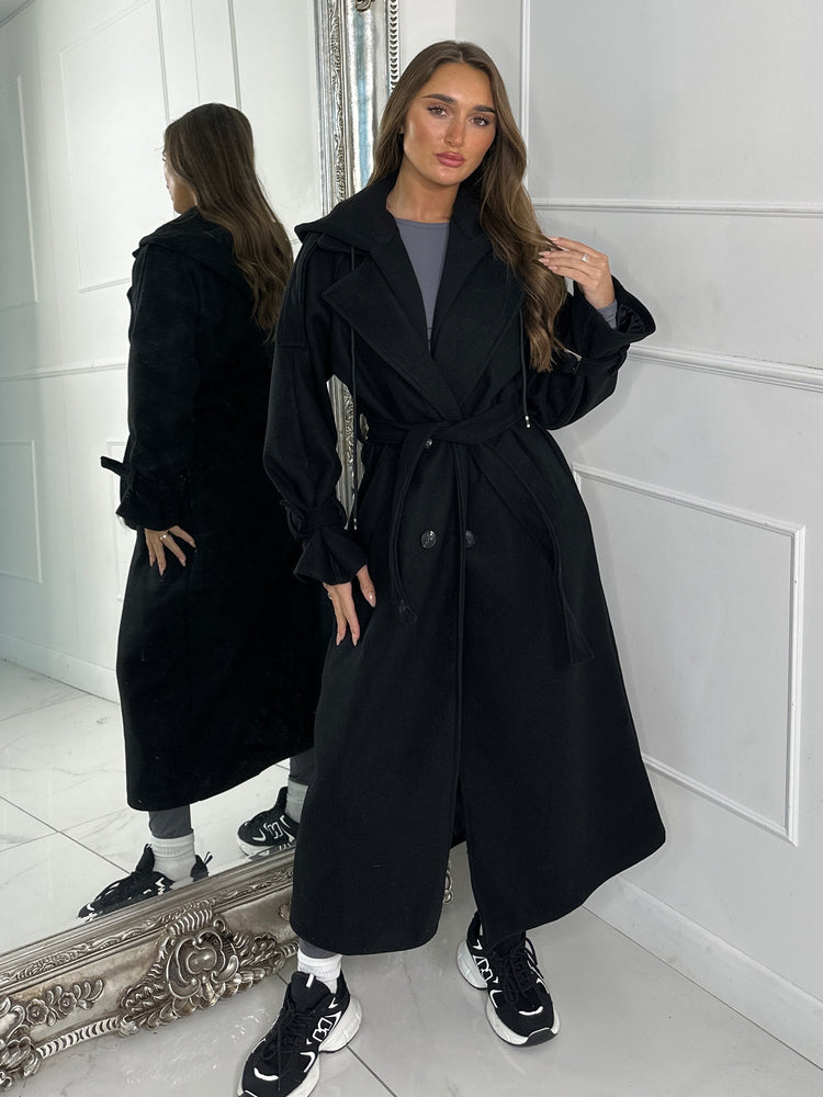 Longline Trench Coat With Attached Hood - Black