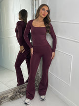 Square Neck Long Sleeve Top & Sculpt Ruched Bum Flares Co-ord - Wine