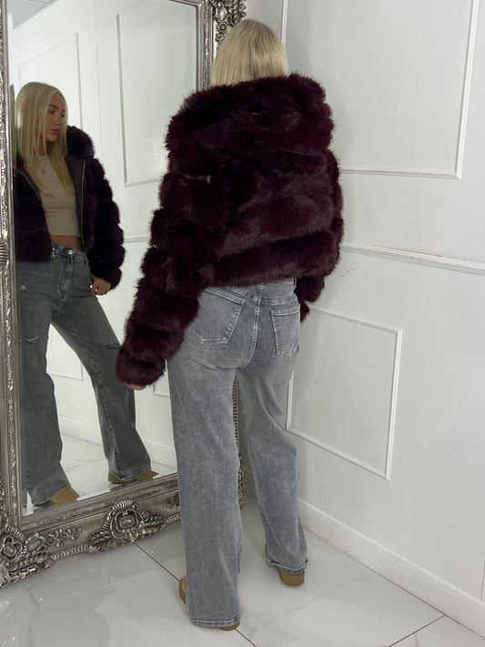 Hooded Faux Fur Jacket - Wine