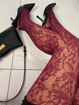 Lace Floral Pattern Tights - Wine