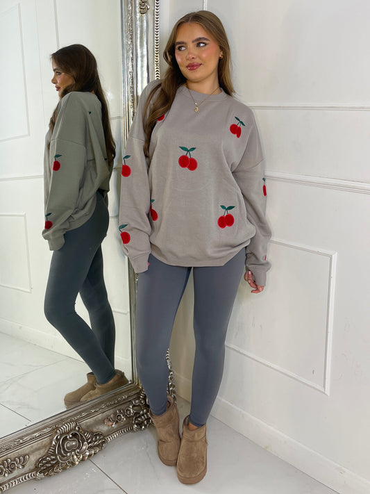 Embroidered Cherry Sweatshirt - Grey