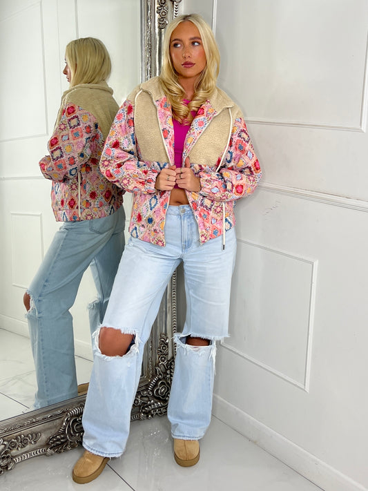 Aztec Print Zip Up Fleece Jacket - Beige / Multi