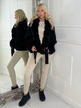 Faux Fur Trim Tie Belt Cardigan - Black