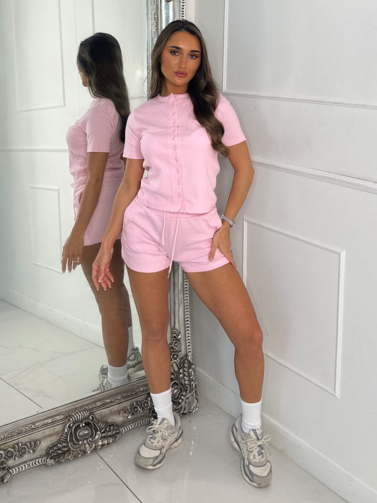 Round Neck Button Up Ribbed Top & Drawstring Shorts Co-ord - Baby Pink