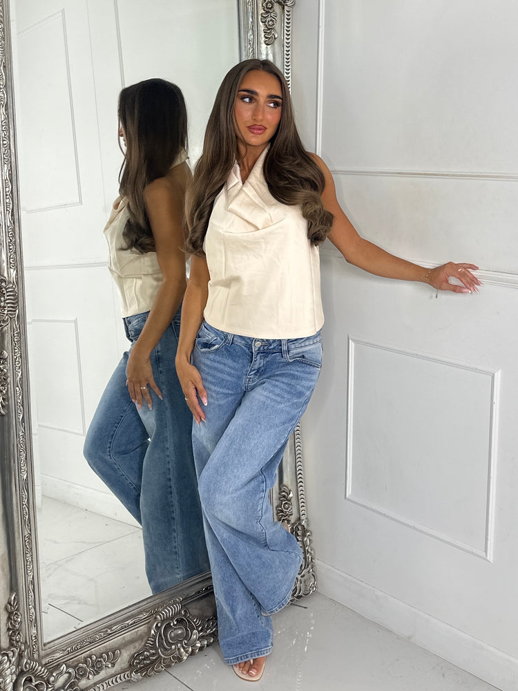 Elise Satin Cowl Halter Top - Ivory