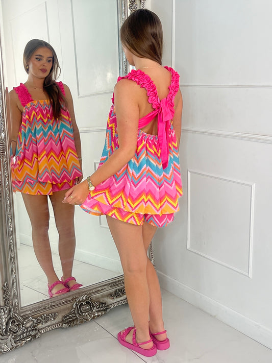 Tie-Back Ruffle Shoulder Top & Ruffle Band Shorts - Hot Pink Multi