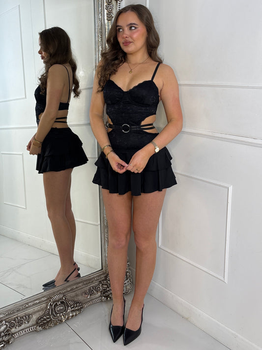 Lace Cut Out Belt Detail Frill Mini Dress - Black