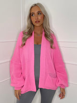 Balloon Sleeve Knitted Cardigan - Neon Pink