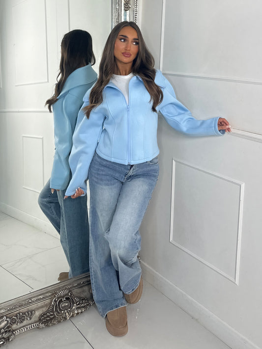 Zip Up Oversized Collar Jacket - Baby Blue