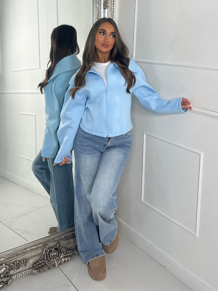 Zip Up Oversized Collar Jacket - Baby Blue