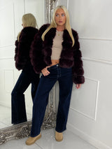 Tiered Faux Fur Round Neck Jacket - Wine